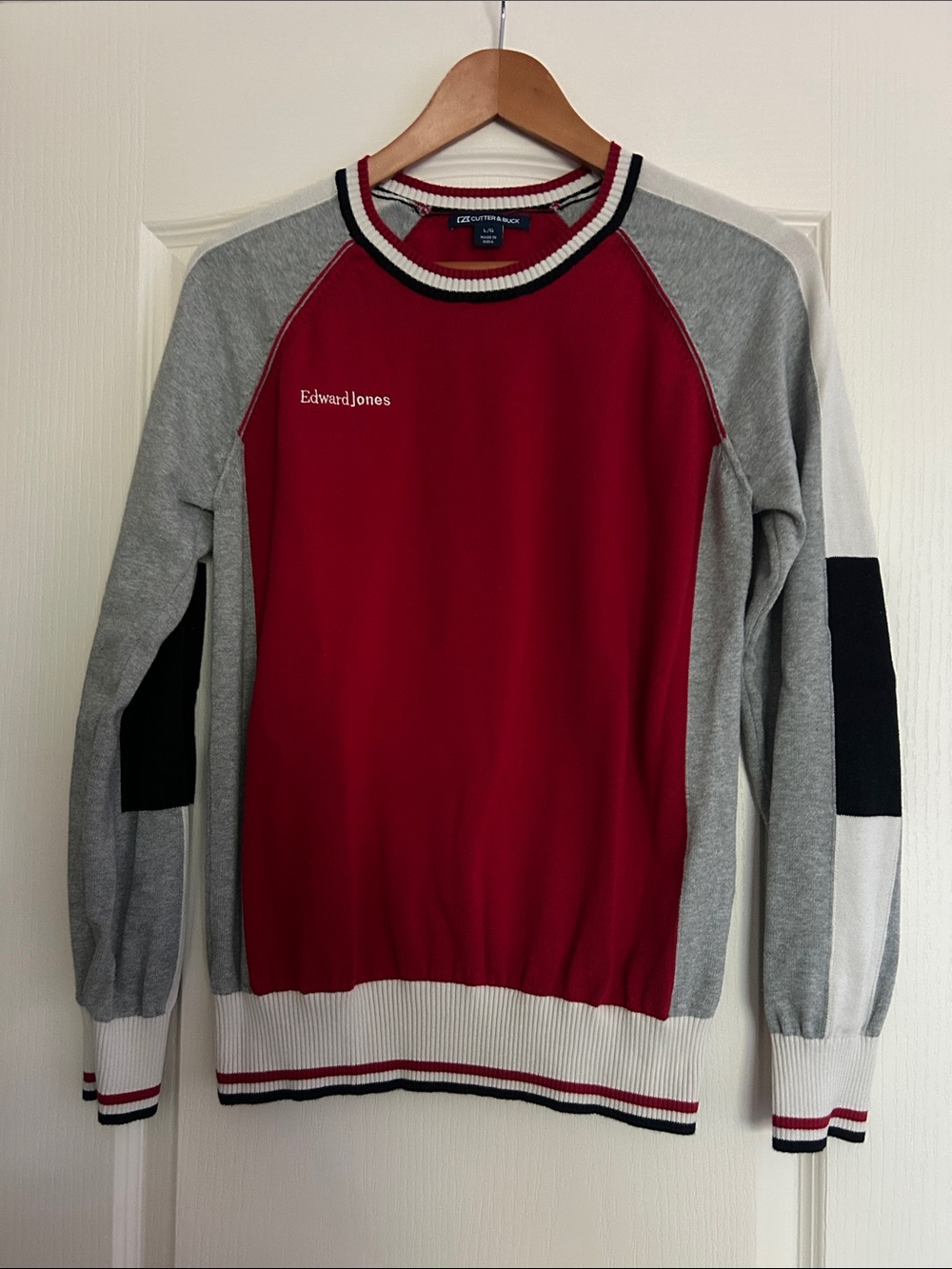 Edward Jones Cutter & Buck Red and Gray Crewneck Sweater with Black Accents